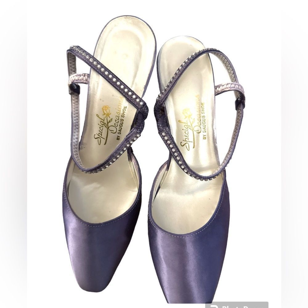 Special occasions purple satin dress shoe heel with rhinestone strap